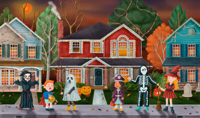 illustration of kids dressed up in halloween costumes and trick or treating